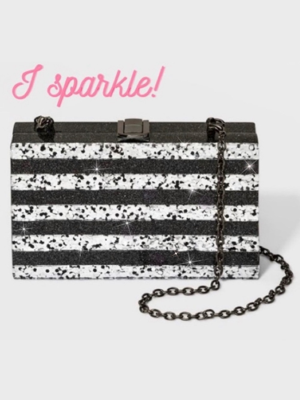Black & Silver Acrylic Box Purse Lucite Glitter Minaudière Striped Clutch